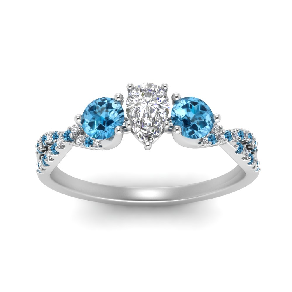 Pear Shaped Trellis Twisted 3 Stone Ring with Ice Blue Topaz in 14K White Gold