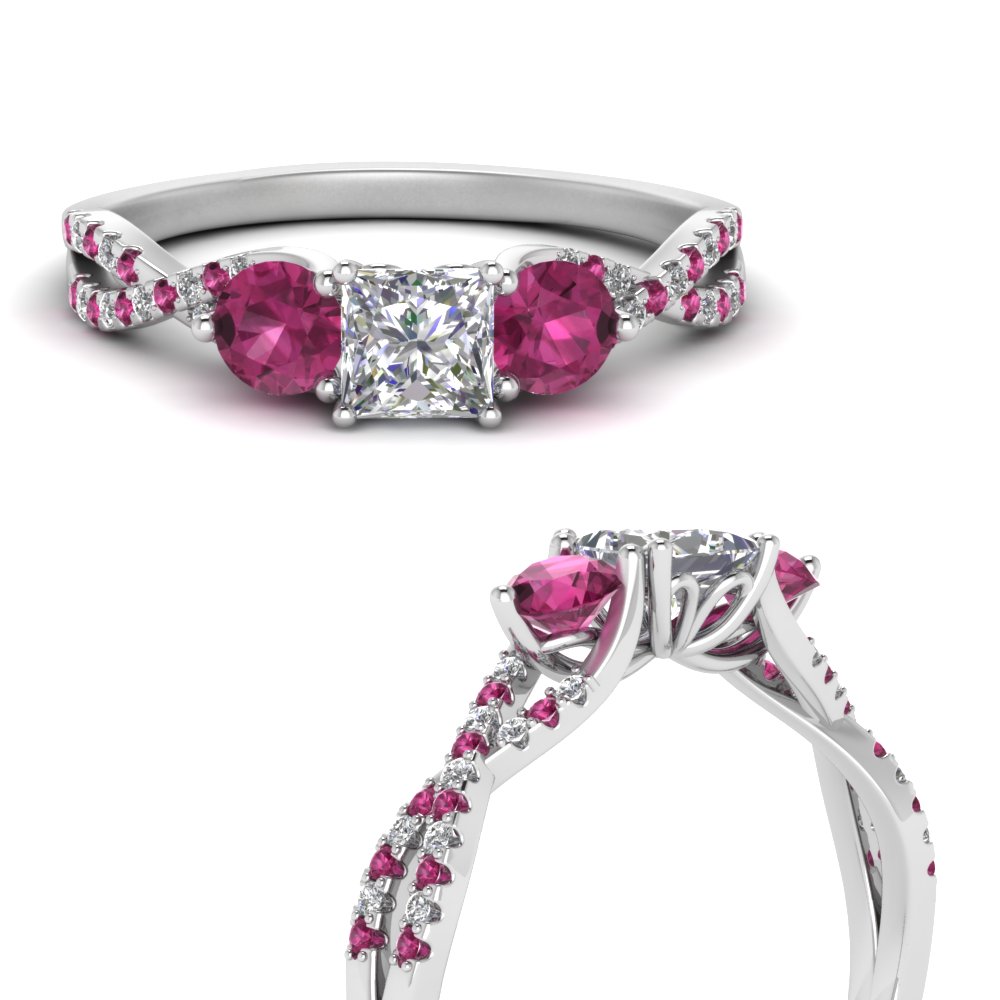 Trellis Twisted 3 Stone Princess Cut Diamond Ring With Pink Sapphire In 18k White Gold Fascinating Diamonds