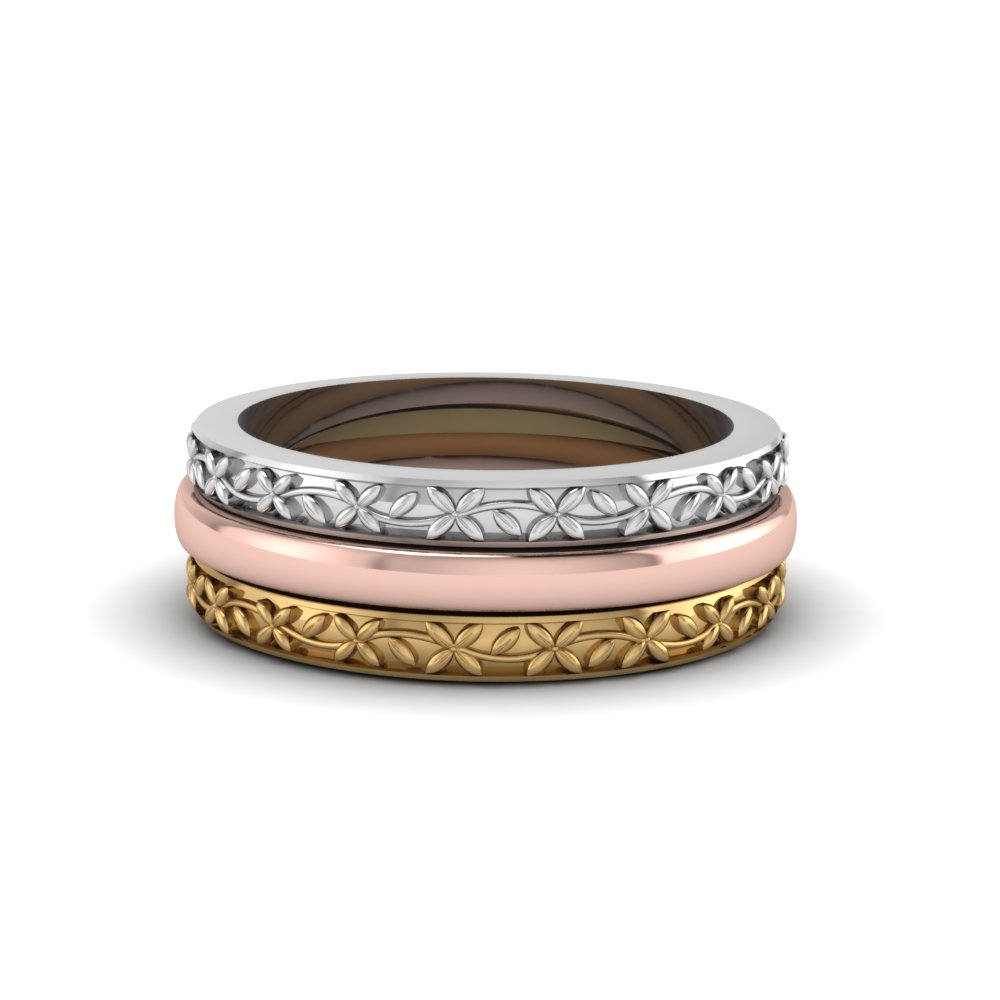 Tri Color Filigree Stackable Gold Anniversary Ring Gifts In 14K White