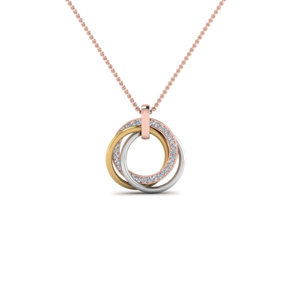 Tri Color Linked Diamond Circle Necklace