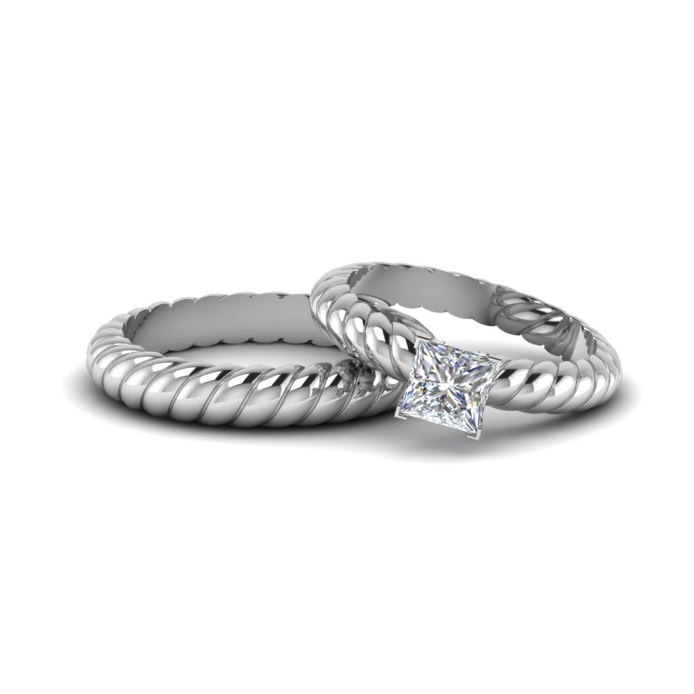 twist princess cut matching band for him and her in 14K white gold FD8181B NL WG