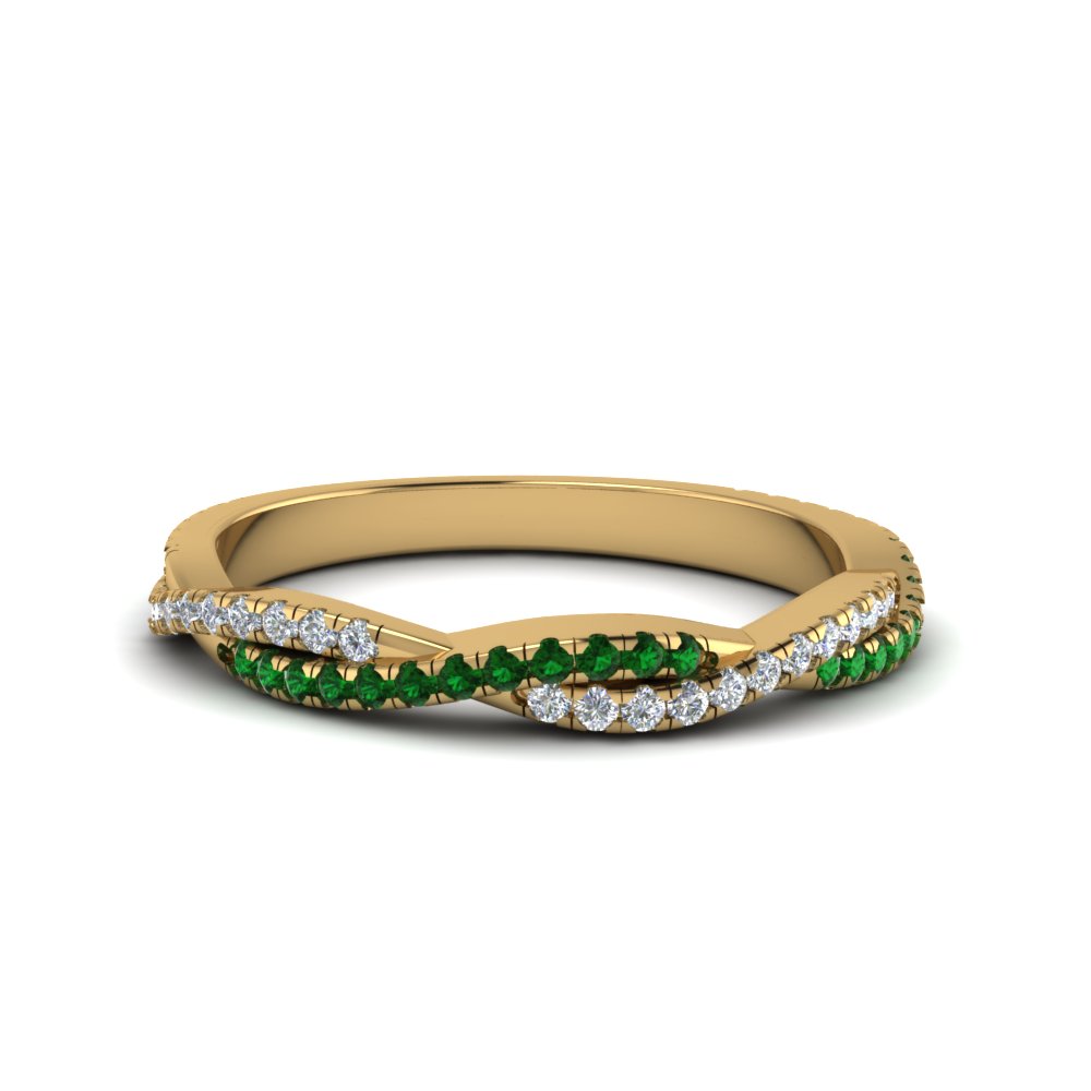 Twisted Vine Diamond Wedding Band With Emerald In 18K