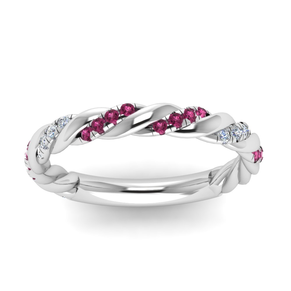 Twisted Vine Diamond Wedding Band With Pink Sapphire In