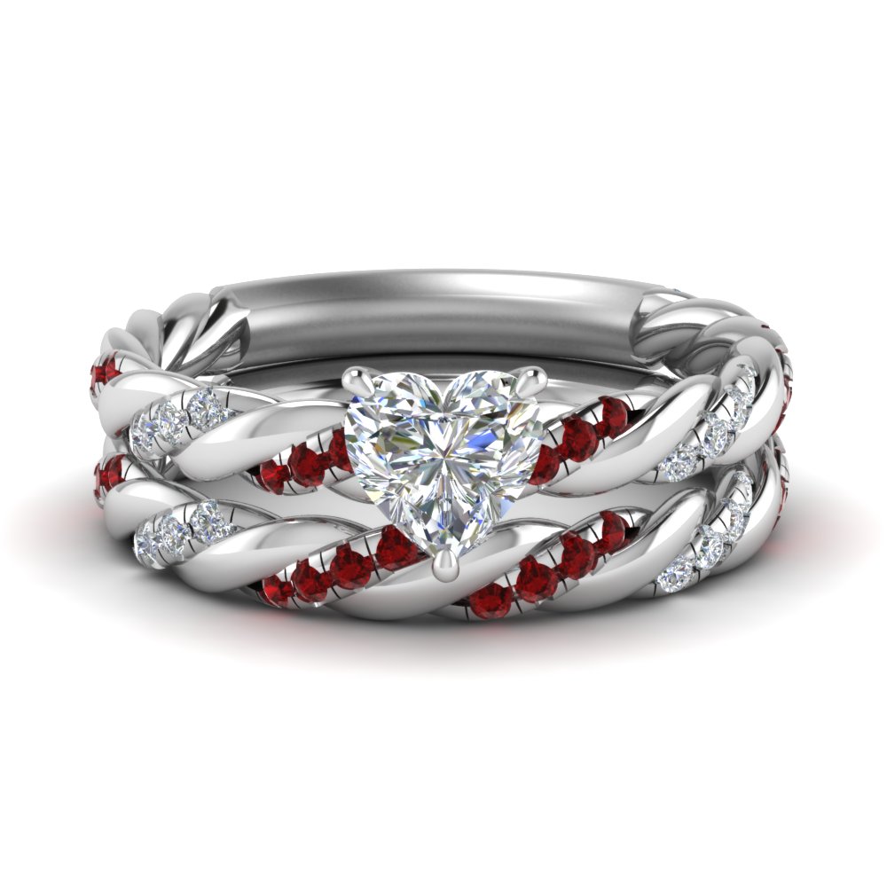  Twisted  Vine Heart Diamond  Bridal  Ring  Set With Ruby In 