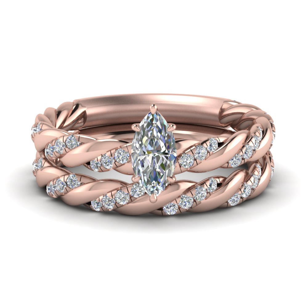  Twisted  Vine Marquise Diamond  Bridal  Ring  Set In 18K Rose 