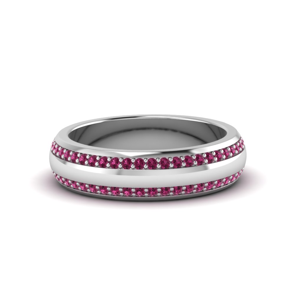 Two Row Male Diamond Eternity Band With Pink Sapphire In 14K White Gold