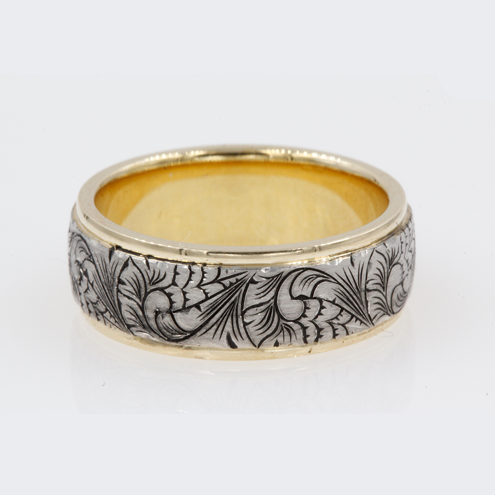 Two Tone Hand Engraved Mens Band In 14K Yellow Gold | Fascinating Diamonds