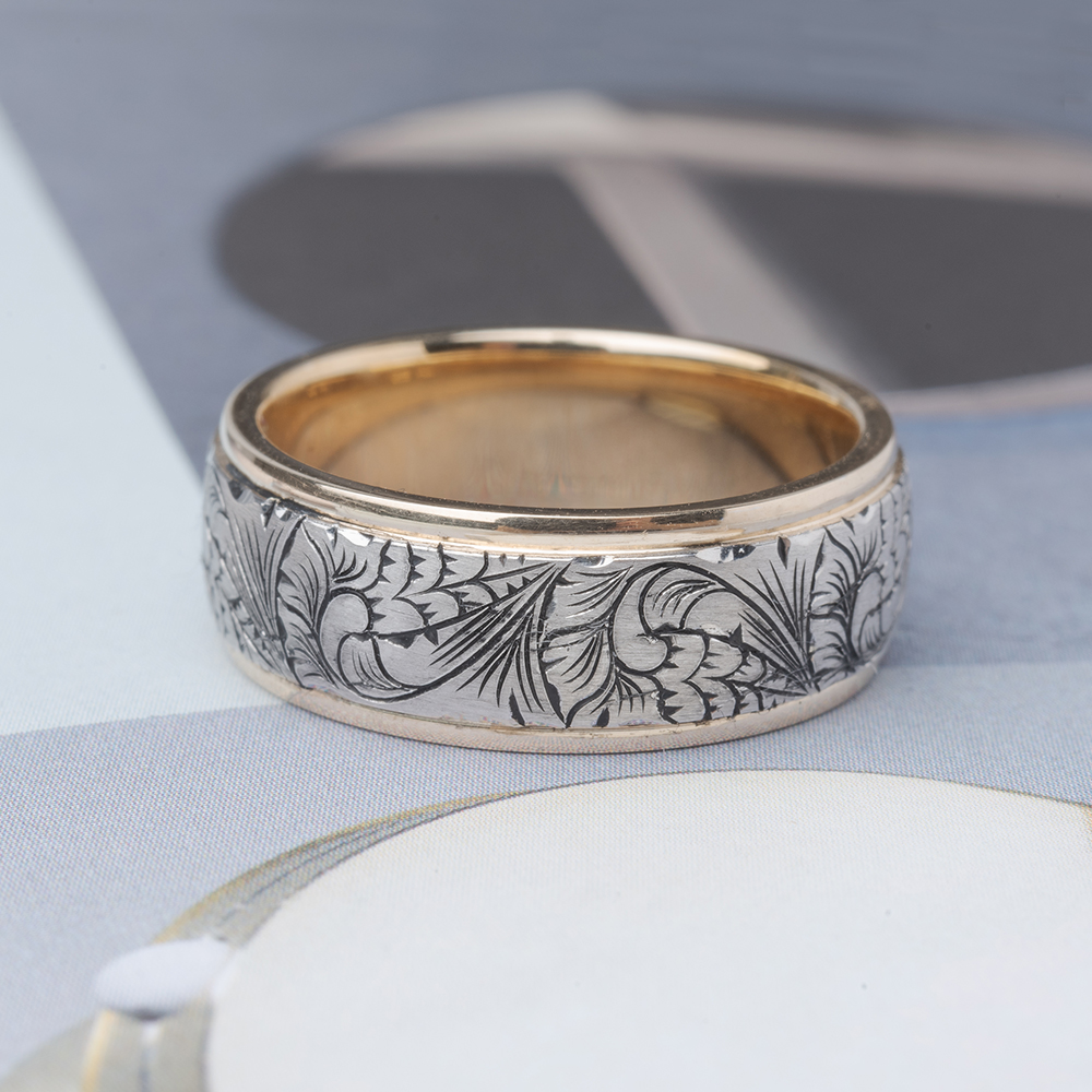 14K Yellow Gold Vintage Floral Design Wedding Men's Band