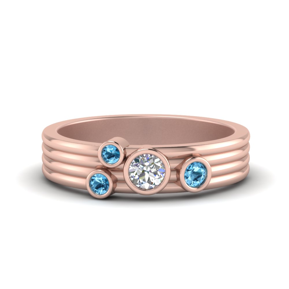 Unique Bezel Set Womens Diamond Band With Blue Topaz In 14K Rose Gold ...
