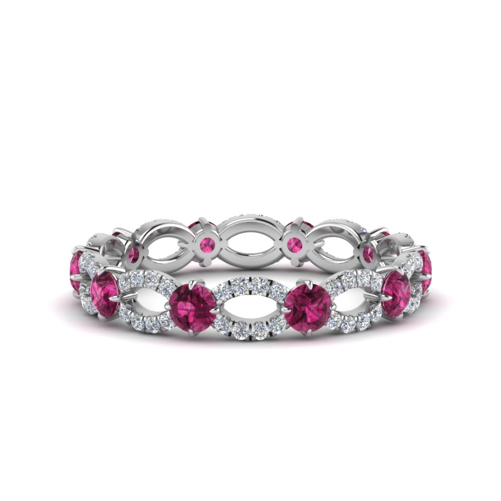 Unique Vintage Eternity Diamond Ring With Pink Sapphire In 18K White Gold
