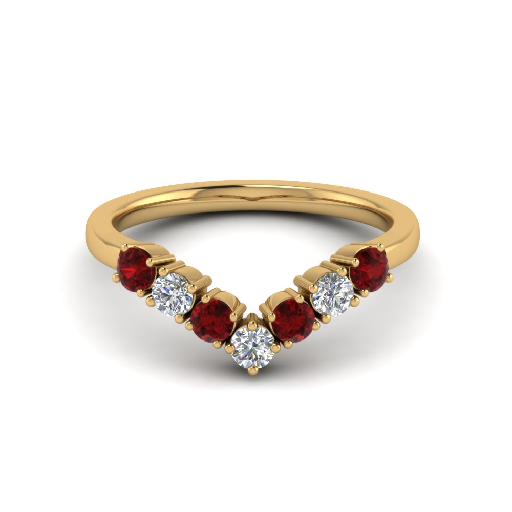 V Design 7 Diamond Anniversary Band With Ruby In 14K