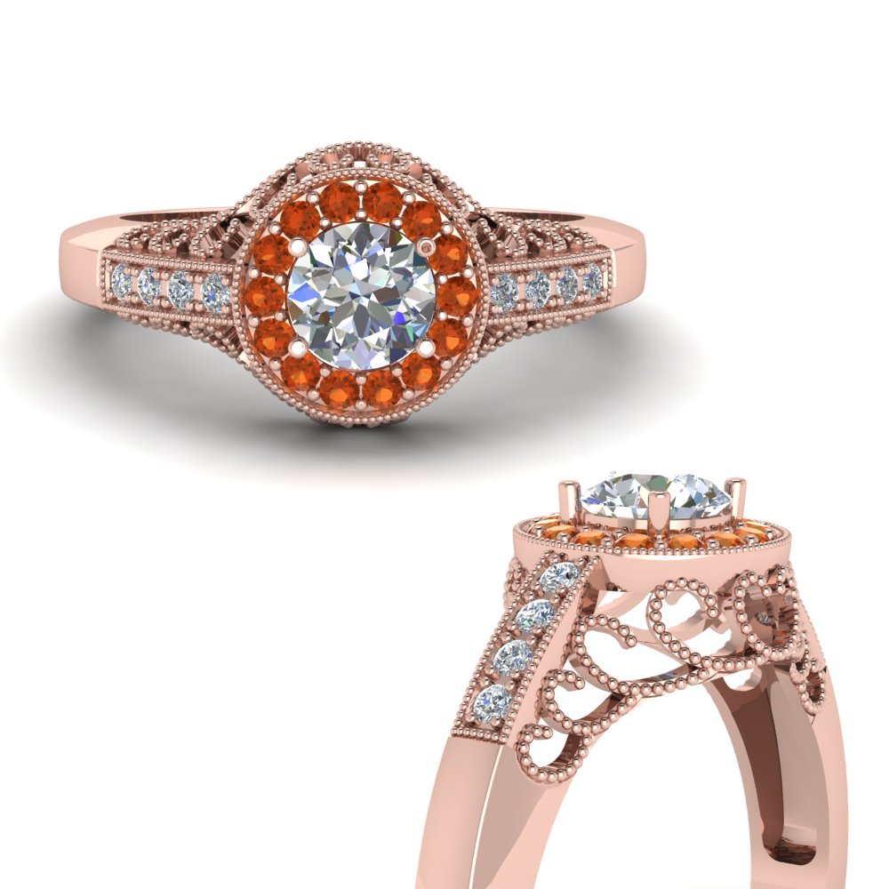 victorian halo diamond vintage engagement ring with orange sapphire in FD65559RORGSAORANGLE3 NL RG