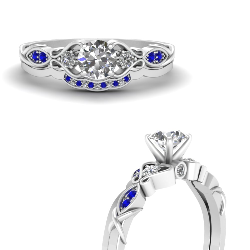 Victorian Style Diamond Bridal Set With Sapphire In 14K White Gold ...
