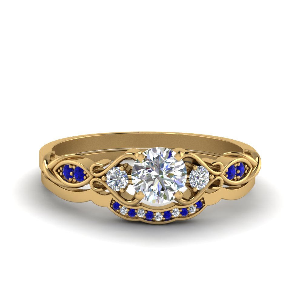 victorian style round cut diamond bridal set with blue sapphire in 18K yellow gold FDO50786ROGSABL NL YG