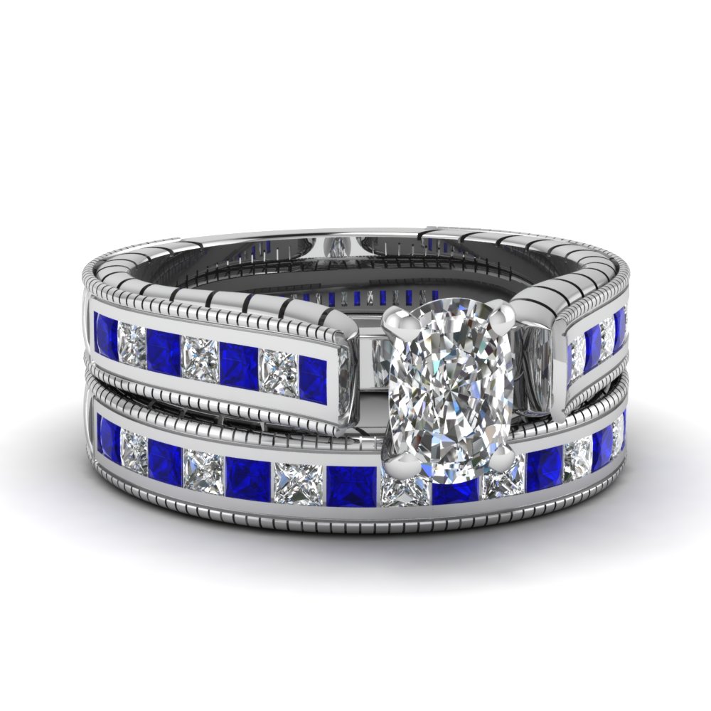 Semi Mount Shaped Vintage Cushion Cut Wedding Ring Set with Blue Sapphire 950 Platinum