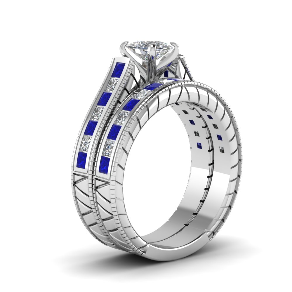 Semi Mount Shaped Vintage Cushion Cut Wedding Ring Set with Blue Sapphire 950 Platinum