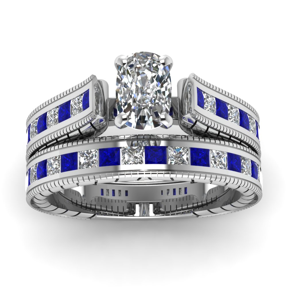 Semi Mount Shaped Vintage Cushion Cut Wedding Ring Set with Blue Sapphire 950 Platinum