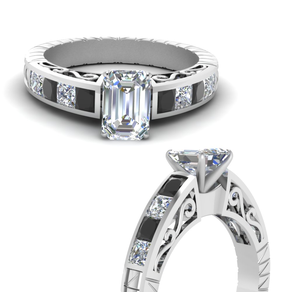 Vintage Channel Set Emerald Cut Engagement Ring With Black Diamond In ...