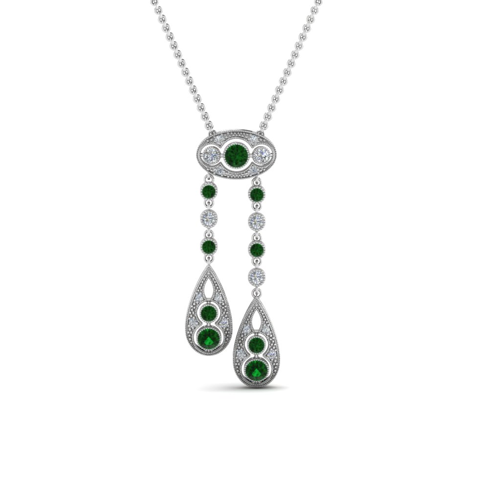 vintage diamond dual drop pendant with emerald in FDPD8427GEMGRANGLE2 NL WG