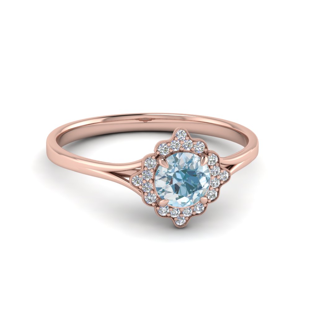Sparkling 14K Rose Gold Plated 7 MM Round Cut Blue Aquamarine Wedding Engagement Ring-Halo Ring