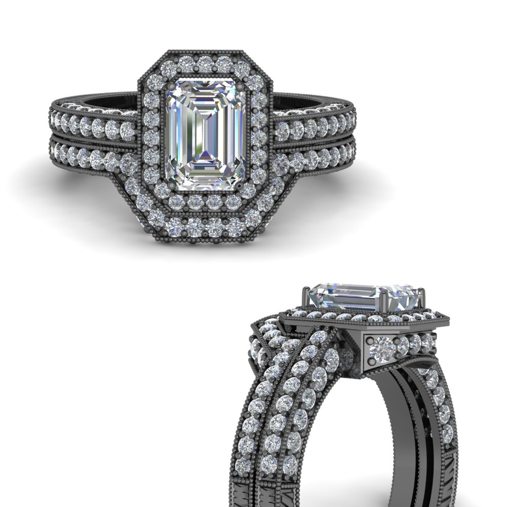 Vintage Halo Emerald Cut Diamond Bridal Ring Set In 14K