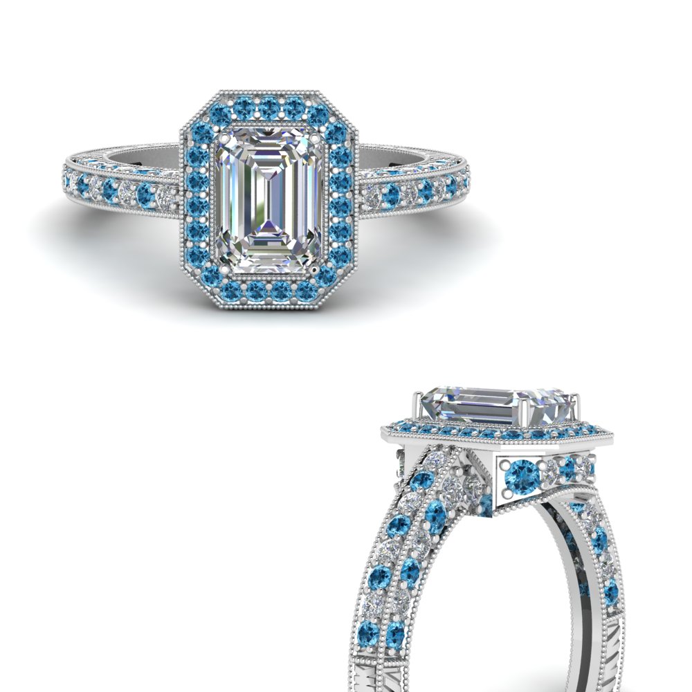 Inzichtelijk Reflectie Maak los Vintage Halo Emerald Cut Diamond Engagement Ring With Blue Topaz In 14K  White Gold | Fascinating Diamonds