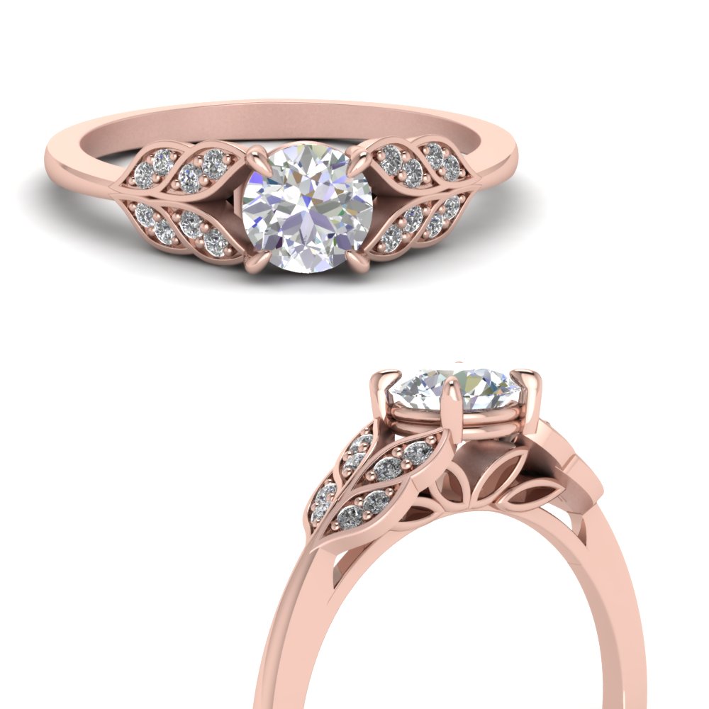 vintage leaf design round cut diamond engagement ring in FD8240RORANGLE3 NL RG