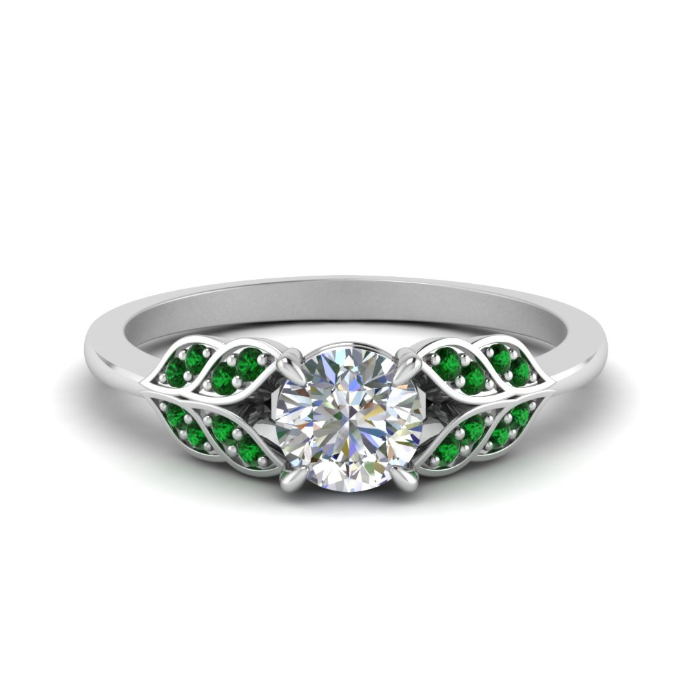 Vintage Leaf Design Round Cut Diamond Engagement Ring With Emerald In ...