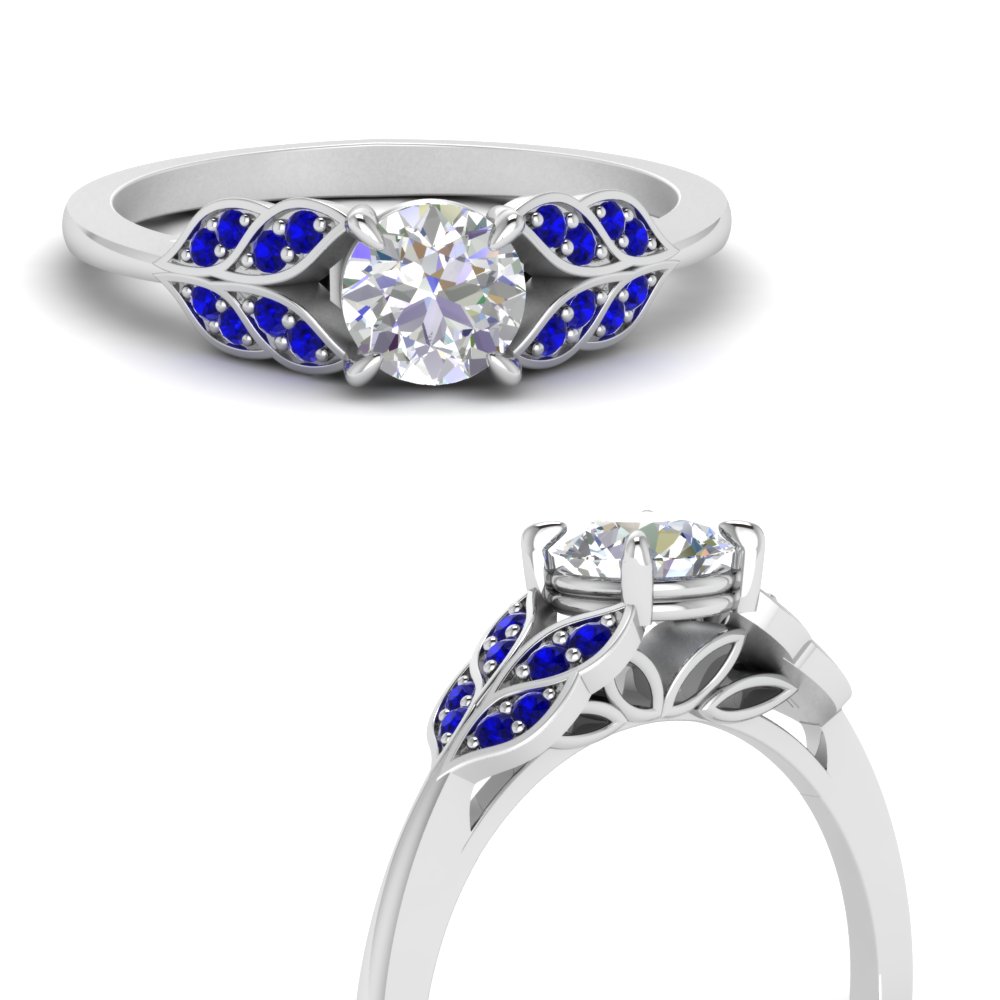 round cut vintage leaf moissanite engagement ring with sapphire in FD8240RORGSABLANGLE3 NL WG