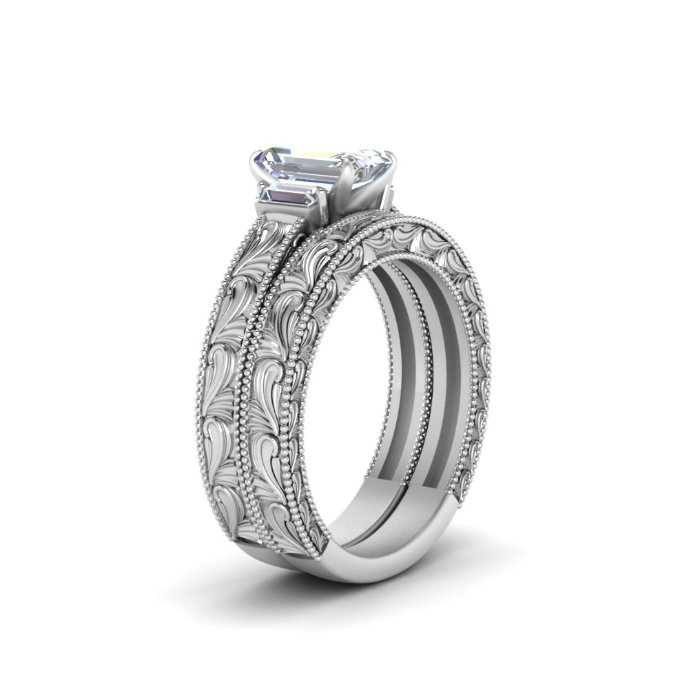 Vintage Looking 3 Emerald Cut Diamond Wedding Ring Set In
