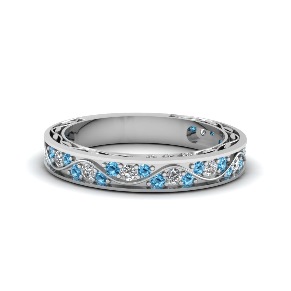 vintage pave diamond wedding ring for women with blue topaz in 14K white gold FDENS3543BGICBLTO NL WG