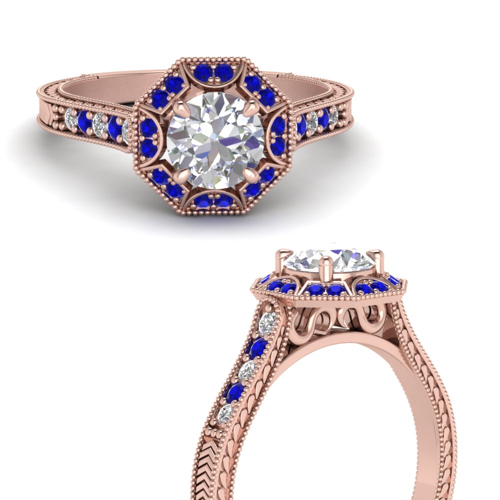Vintage Pave Halo Diamond Engagement Ring With Sapphire In 18K Rose ...