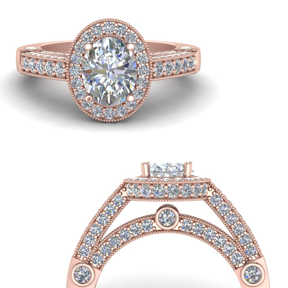 Vintage Pave Halo Oval Diamond Engagement Ring In 18K Rose Gold