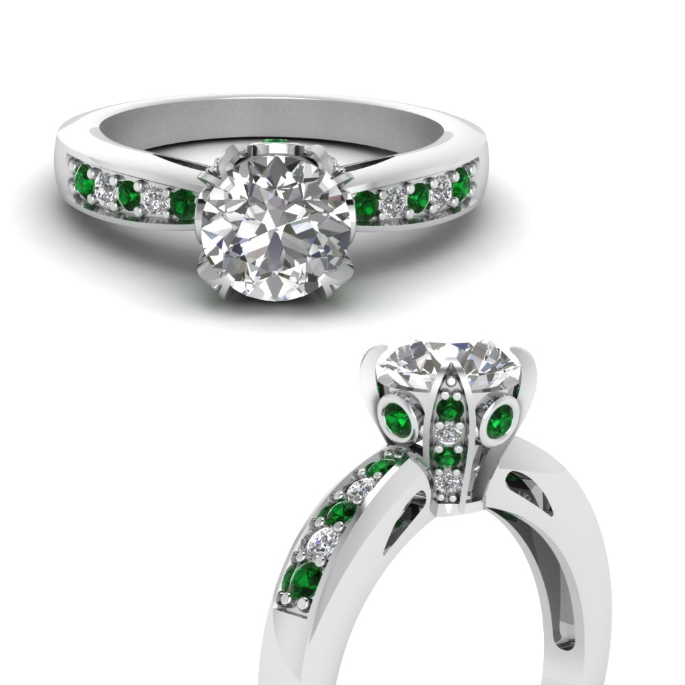 White Round And Green Baguette Cut Engagement Ring  Vintage Diamond RIng  Ladies Diamond Ring For Wedding  Prong Set Diamond Ring