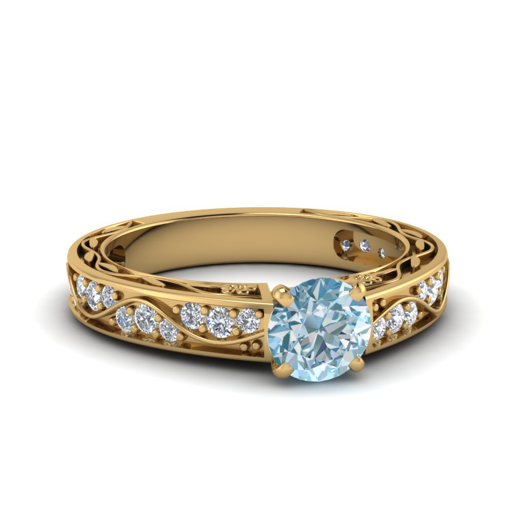 Vintage Round Aquamarine Engagement Ring In 14K Yellow Gold ...