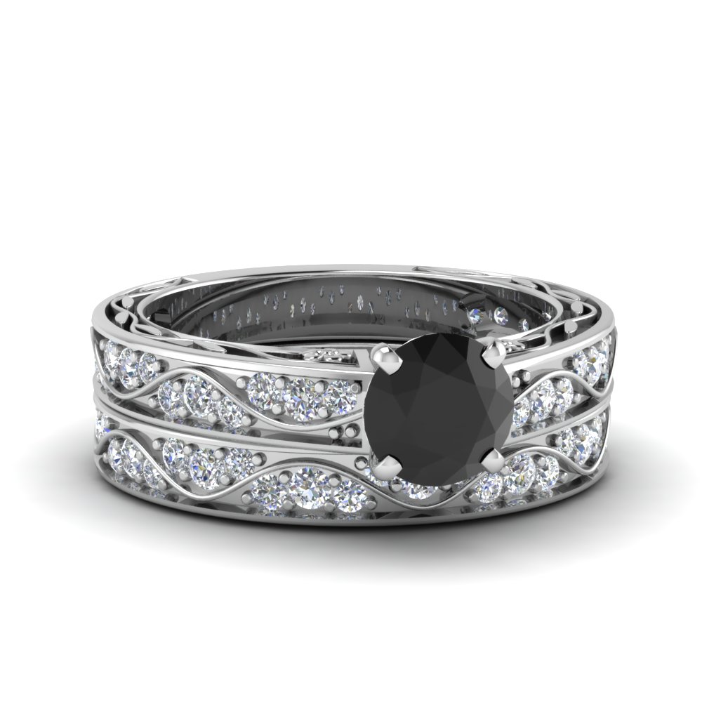 Vintage Round Black Diamond Wedding Ring Set In 14K White Gold ...