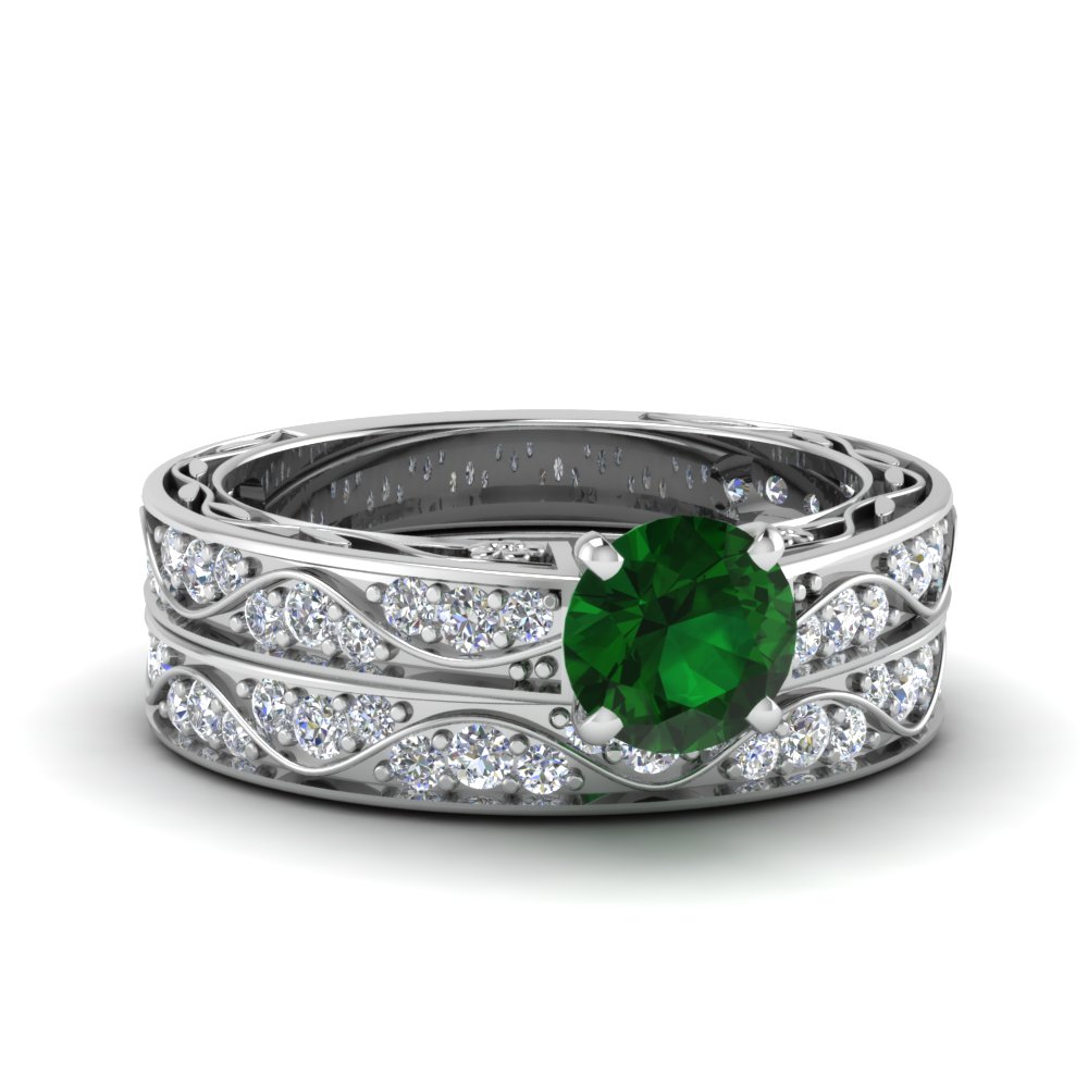 14k White Gold Emerald Set Heart Claddagh Ring Wedding Ring Set