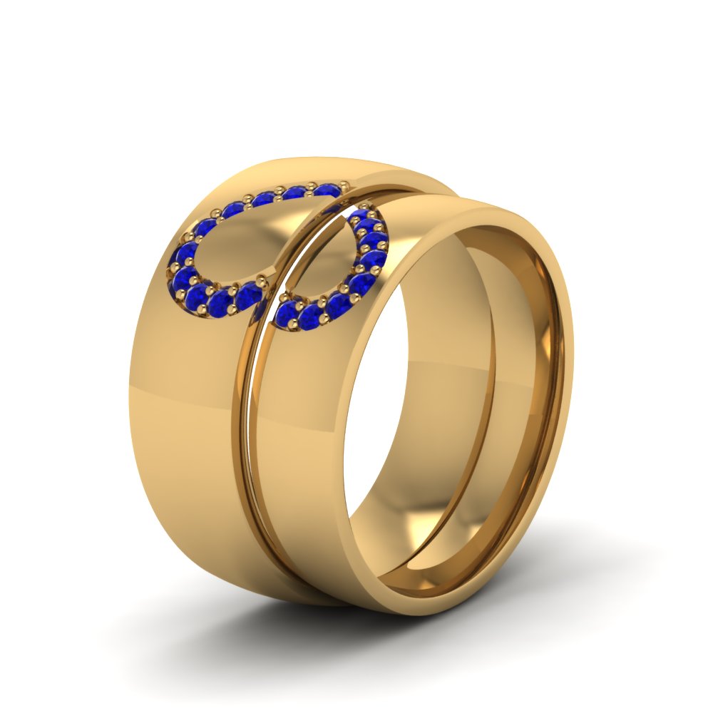 Wedding Band Sets His And Hers With Blue Sapphire In 14K