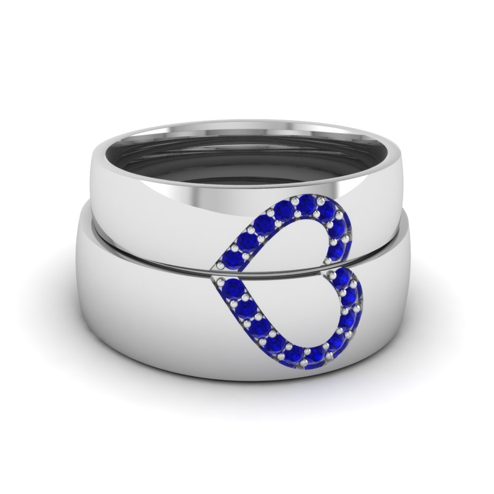 Wedding Band Sets His And Hers With Blue Sapphire In 18K White Gold