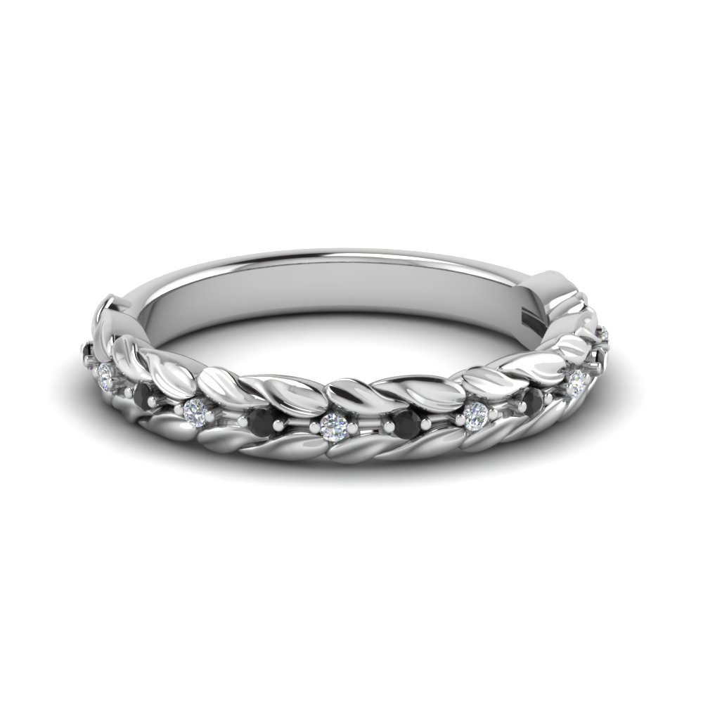 Nature Inspired Wedding Band With Black Diamond In 14k White Gold