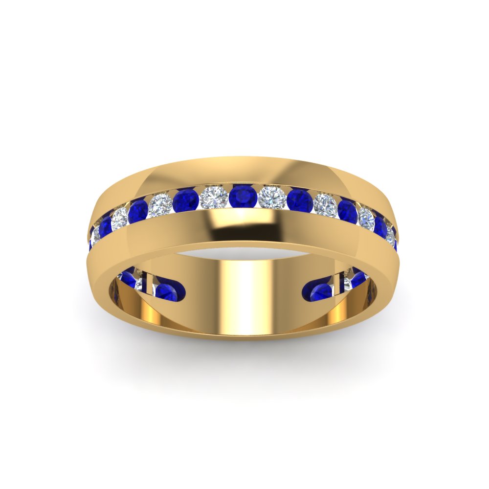 Mens Diamond Channel Wedding Band With Sapphire In 18K