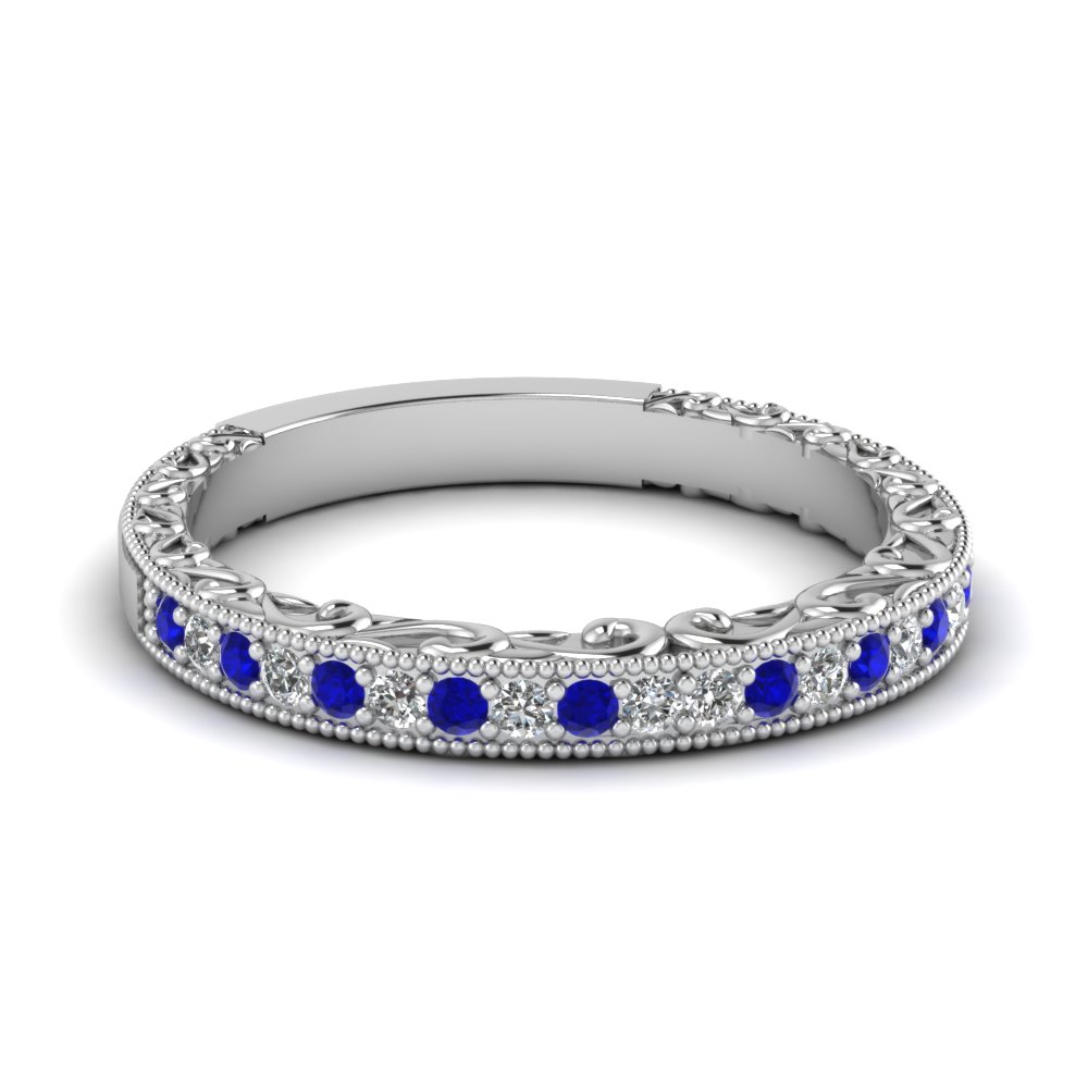 milgrain hand engraved diamond wedding band with sapphire in FDENS3280BGSABL NL WG