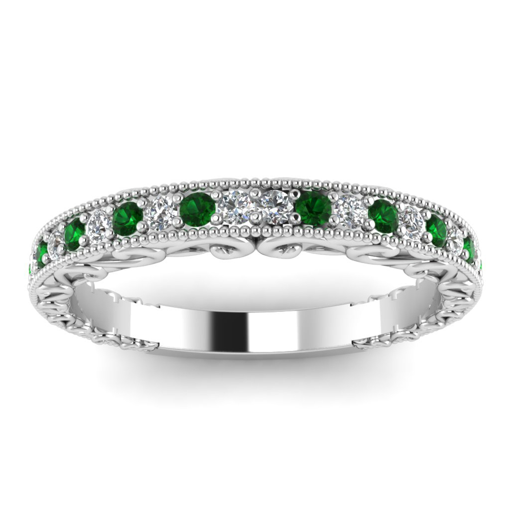 Milgrain Hand Engraved Diamond Wedding Band With Emerald In 14K White ...
