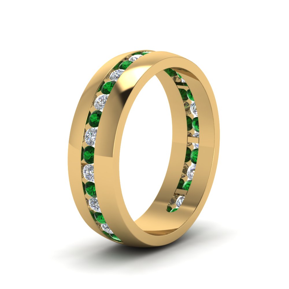 Mens Diamond Channel Wedding Band With Emerald In 14K