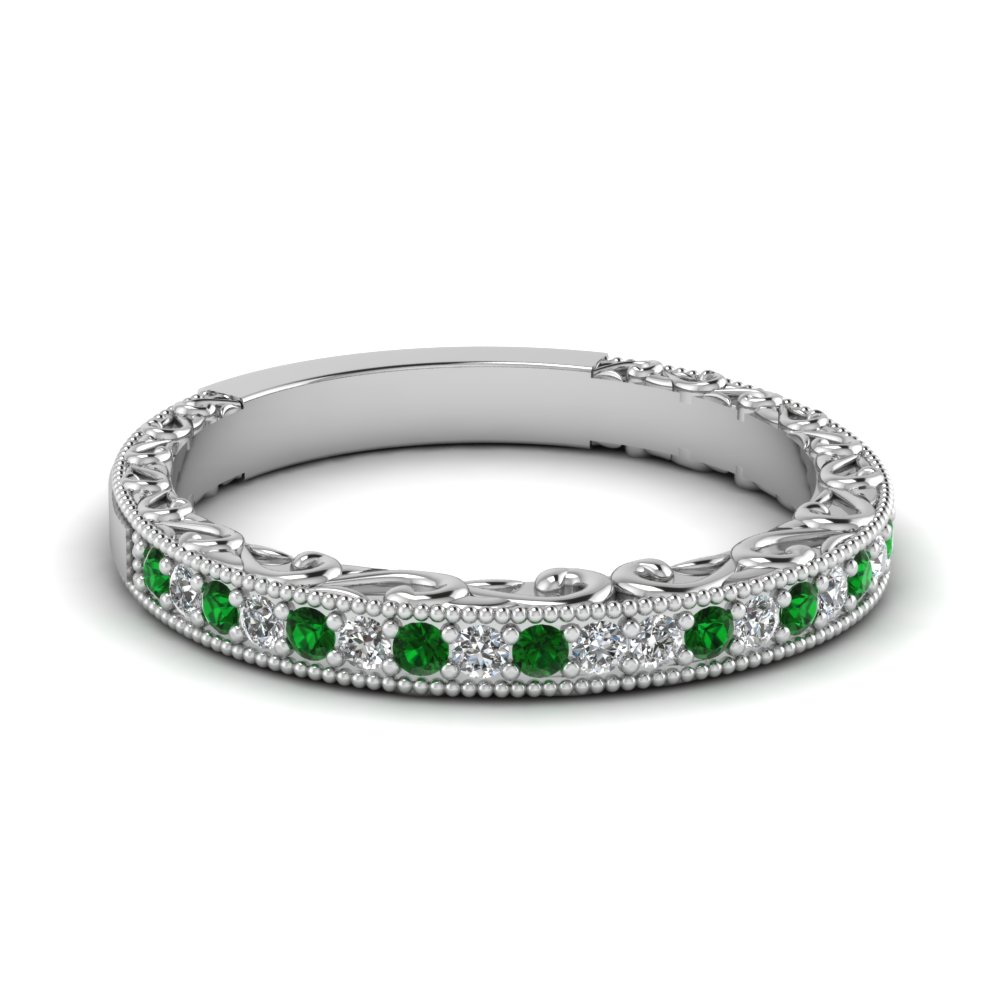 milgrain hand engraved diamond wedding band with emerald in FDENS3280BGEMGR NL WG