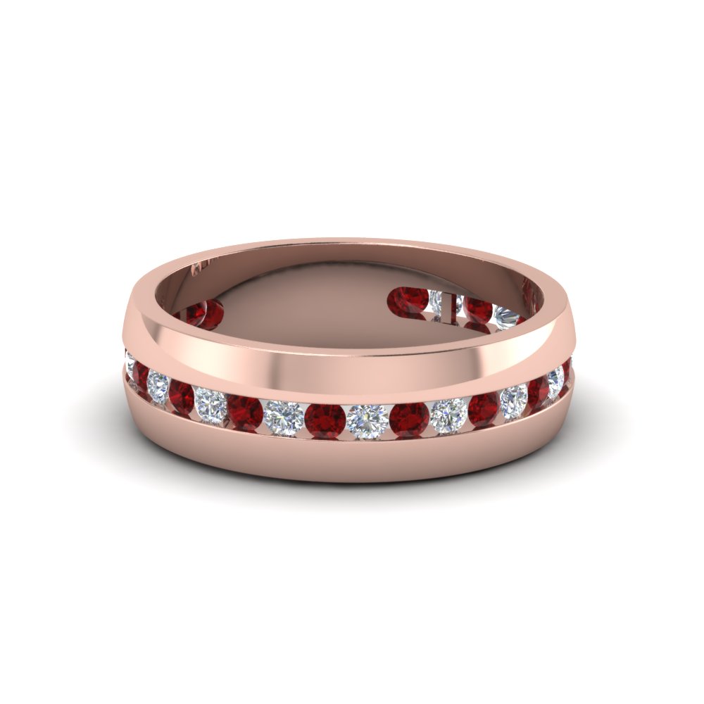 Wedding Band White Diamond With Red Ruby In 14K Rose Gold FDM8040BGRUDR NL RG 