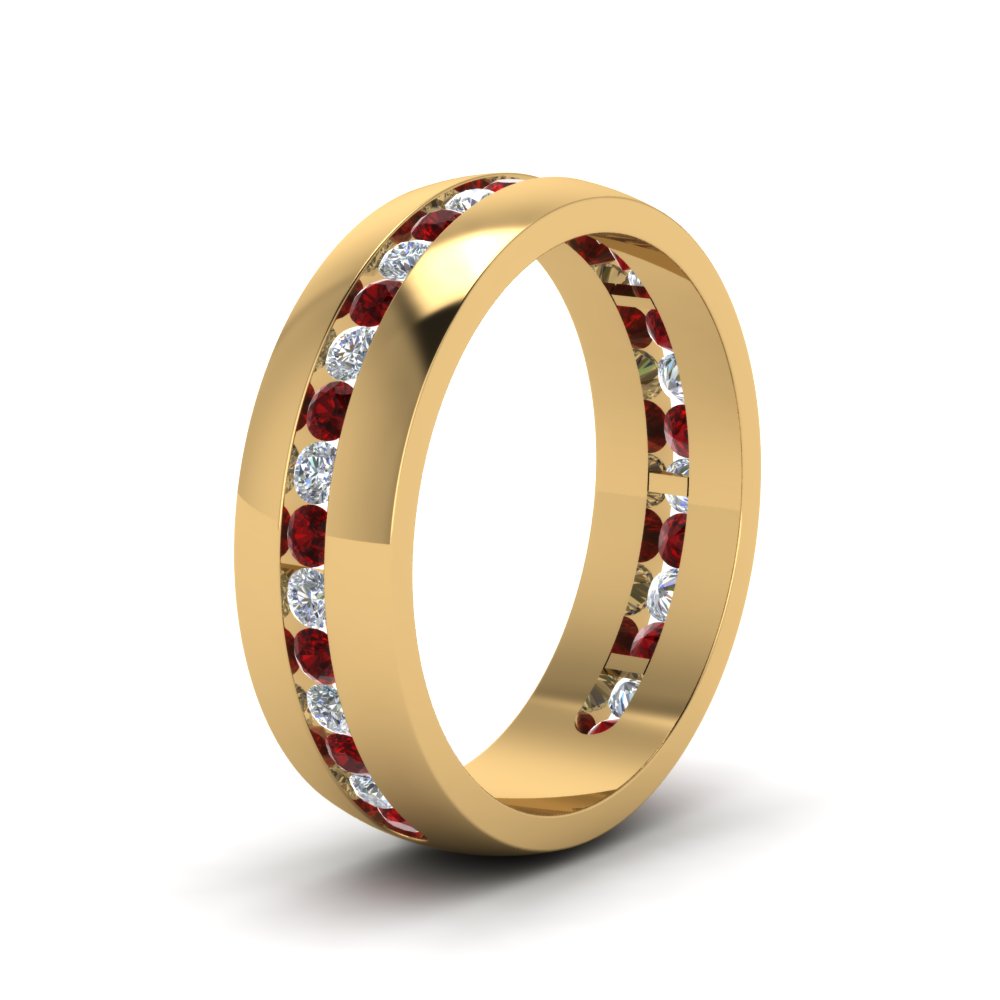 Mens Diamond Channel Wedding Band With Ruby In 14K Yellow
