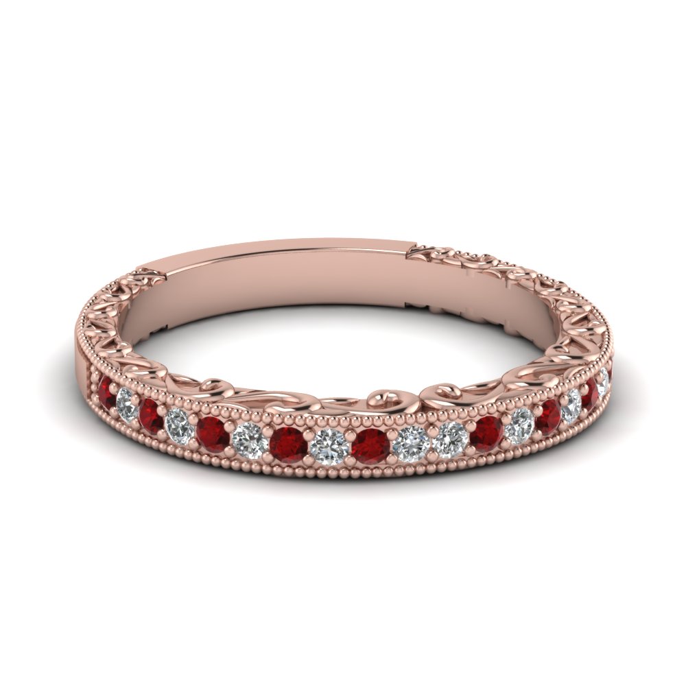 18k Rose Gold Eternity Wedding Band Filigree Leaf Diamond Rings