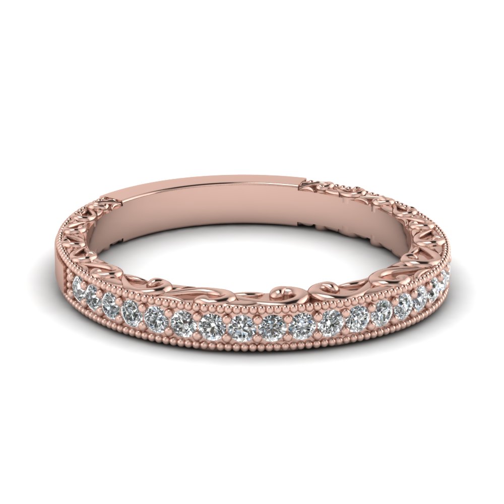 Milgrain Hand Engraved Diamond Wedding Band In 14K Rose