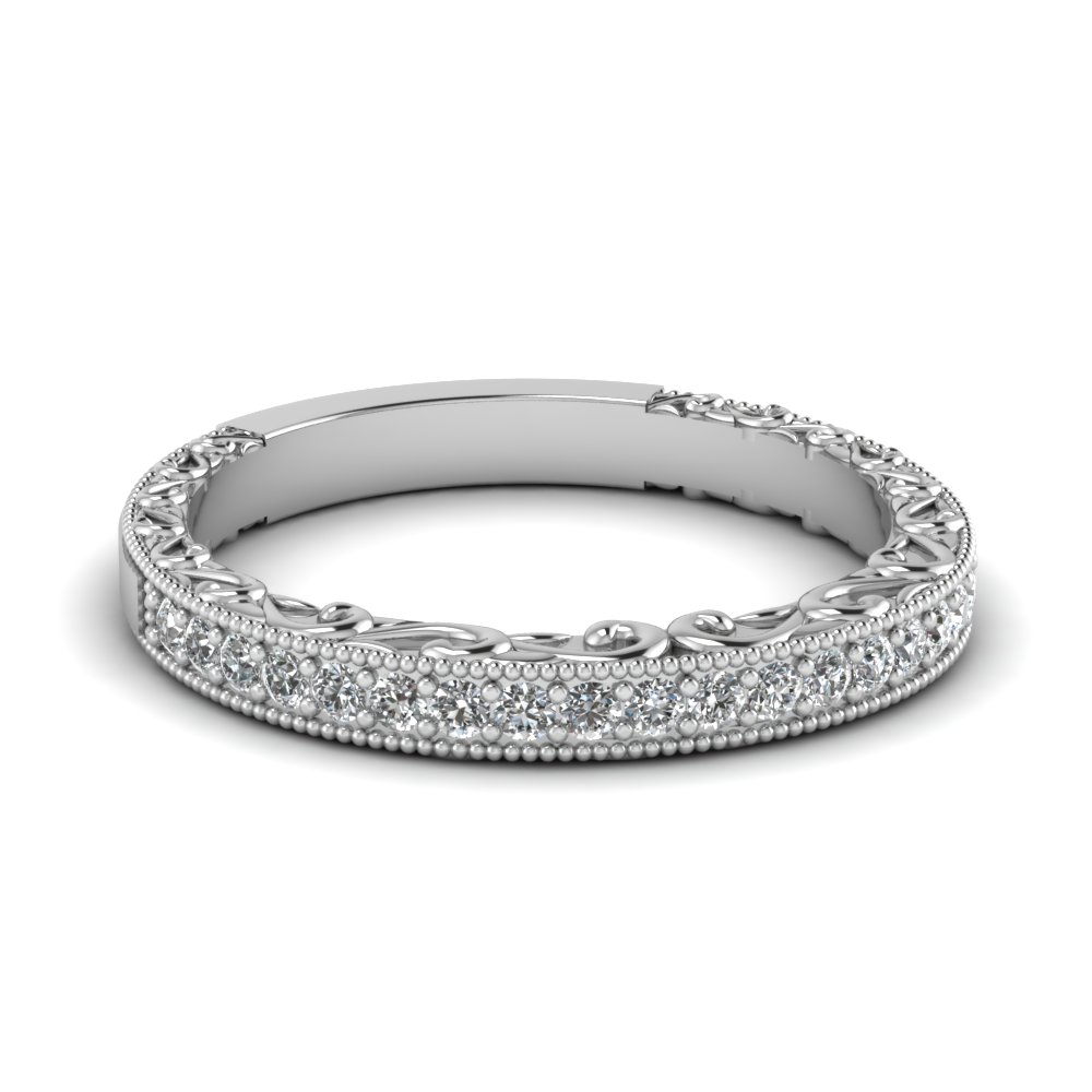 Milgrain Hand Engraved Diamond Wedding Band In 14K White ...